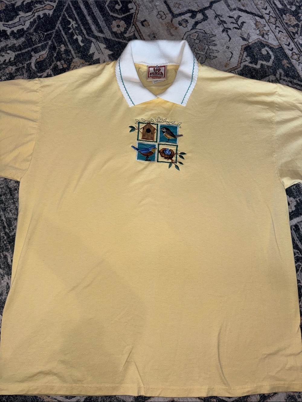 Top Stitch Vintage Pale Yellow Polo with Birdhouse Embroidery
